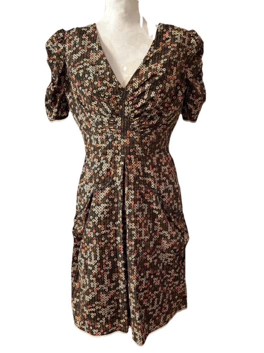 Vtg Y2k Miss Sixty Dress M60 Multicolored Print V Neck Chain Pocket Sz 6